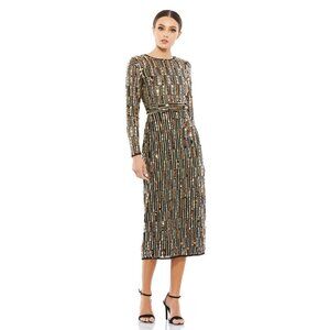 Mac Duggal Size 2 Black Gold 93590 Sequin Beaded Long Sleeve Cocktail Midi Dress